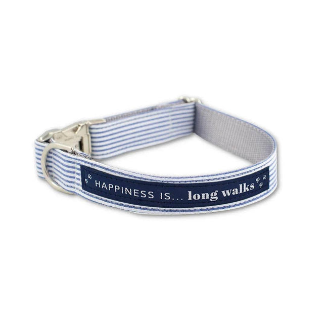 Blue and white striped dog collar with 'Happiness is... long walks' text, ideal for pet accessories and dog essentials.