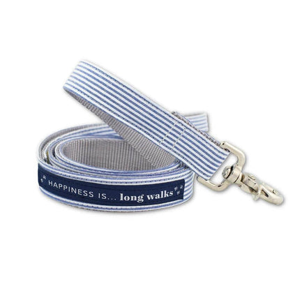 Blue and white striped dog leash with 'Happiness is... long walks' text, ideal for pet walks