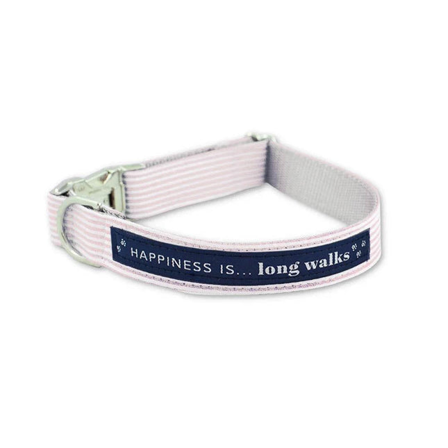 Pink striped dog collar with 'Happiness is... long walks' text, ideal for pet accessories and care.