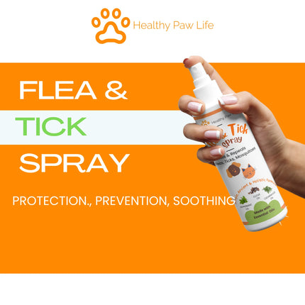 Healthy Paw Life Flea and Tick Spray for pets, featuring essential oils for protection and prevention.