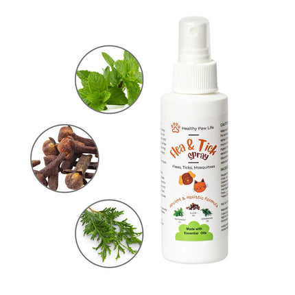 Healthy Paw Life Flea & Tick Spray bottle with natural essential oil ingredients.
