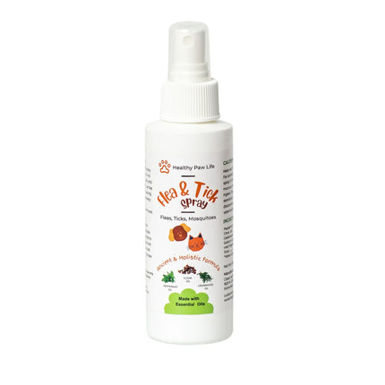 Healthy Paw Life flea, tick and mosquito spray bottle with essential oils formula.