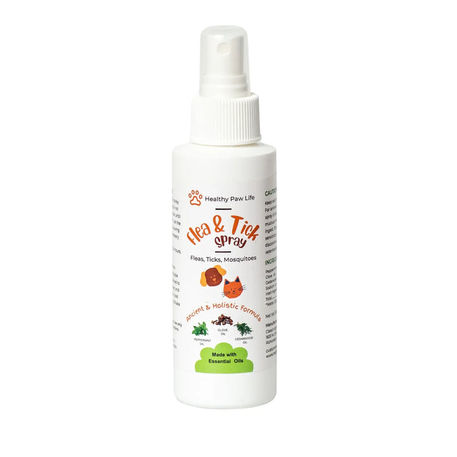 Healthy Paw Life flea, tick and mosquito spray bottle with essential oils formula.