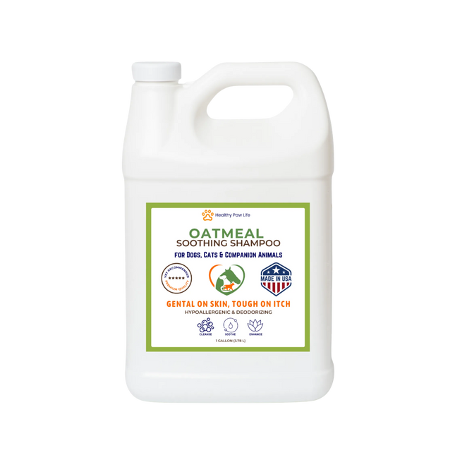 Healthy Paw Life Oatmeal Soothing Shampoo for dogs, cats, and animals in a 1 gallon white jug.
