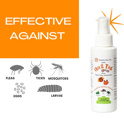 Healthy Paw Life flea and tick spray bottle with icons of fleas, ticks, mosquitoes, and larvae.
