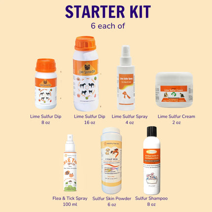 Healthy Paw Life starter kit featuring 6 types of pet grooming products including sulfur dip, spray, cream, powder, and shampoo.