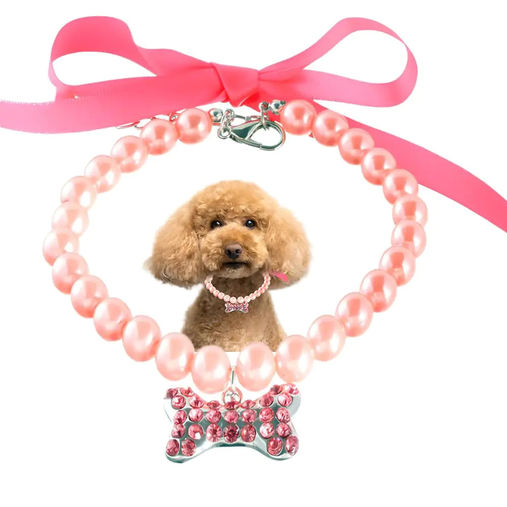 Pearl Dog Necklace Pink S Diamond Crystal