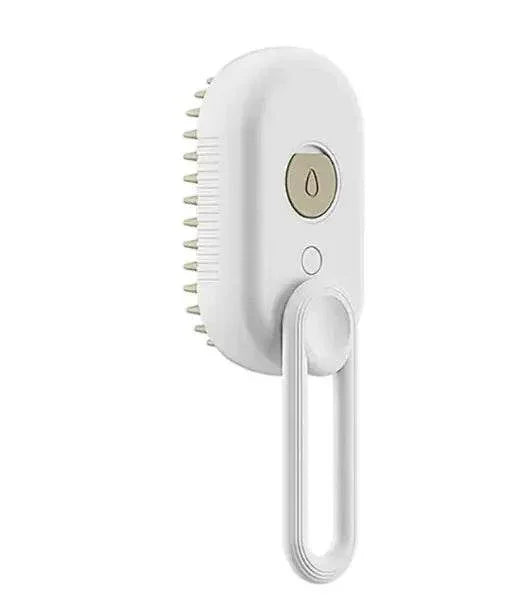 White pet grooming brush with soft bristles and ergonomic handle for dog and cat care