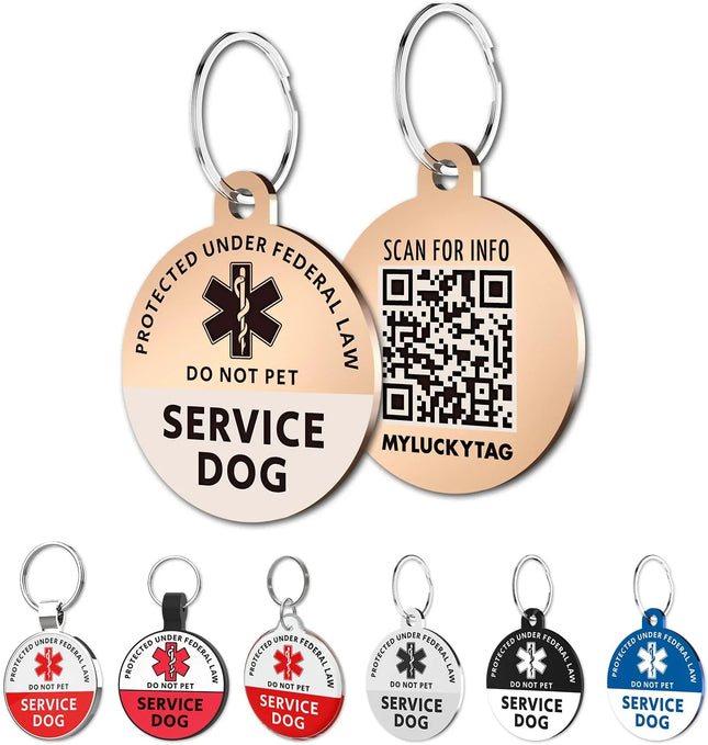 Service dog ID tags with QR code, medical symbol, and 'Do Not Pet' warning in multiple colors for pet safety and identification.