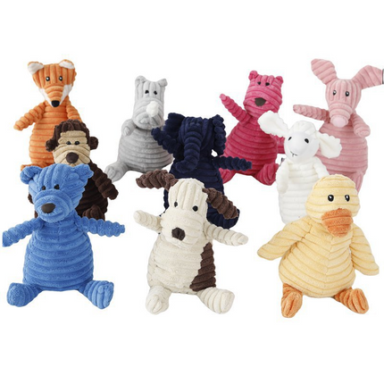 Collection of colorful corduroy plush animal dog toys in various shapes and colors