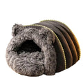 Cozy gray plush pet cave bed with bear ears and golden trim for cats and small dogs