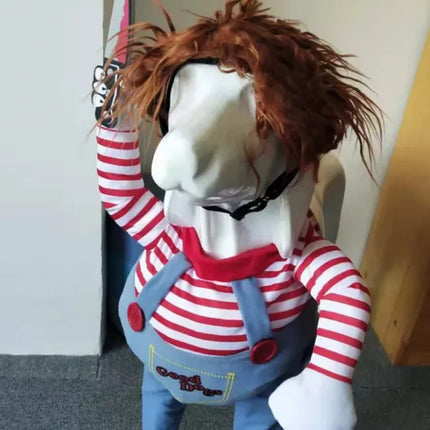 Dog wearing a funny clown Halloween costume with red hair and striped shirt.