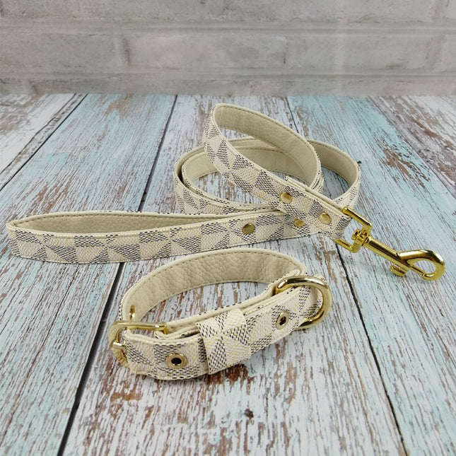 Plaid Leather Dog Collar | Brown & White | Collar, Leash & Gift Box Options | S–XL