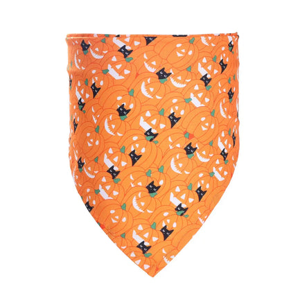 Halloween pet bandana with orange pumpkin and black cat pattern for dogs and cats.