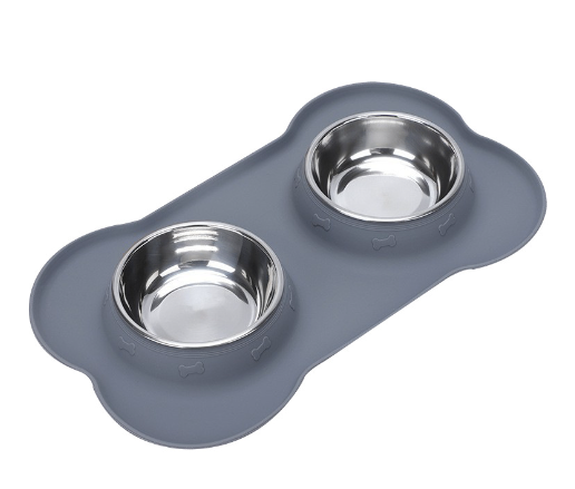 Gray pet bowl mat with two stainless steel bowls for dog or cat food and water