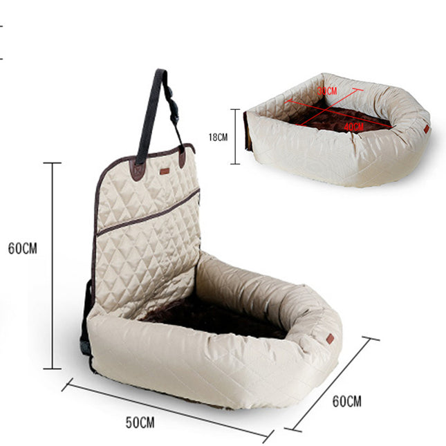 Quilted beige pet car seat with dimensions, cozy interior for dogs or cats