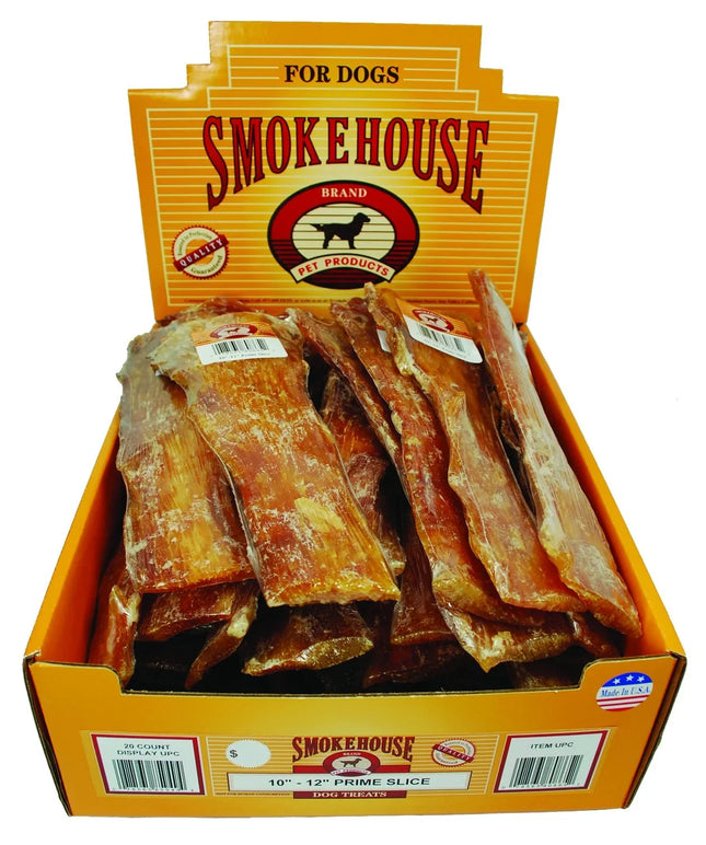 Smokehouse Brand 10-12 inch prime slice dog treats in bulk display box, USA made