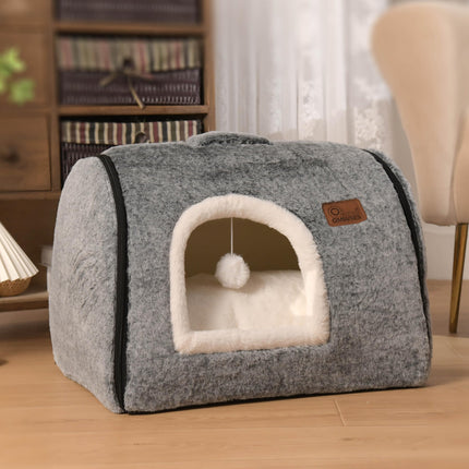 Enclosed Cat Bed Cave | Soft Hideaway with Washable Cushion & Toy | Dark Grey