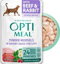 OptiMeal cat food pouch with beef & rabbit tender morsels in savory sauce, complete & balanced for cats