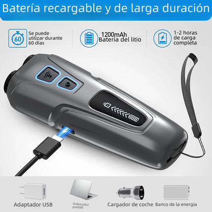 Portable ultrasonic dog repeller highlighting its rechargeable 1200mAh lithium battery.