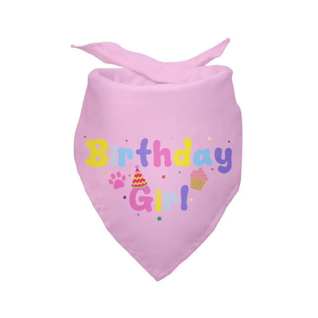 Pink pet bandana with 'Birthday Girl' text, paw print, cupcake, and party hat for dog or cat birthday celebration