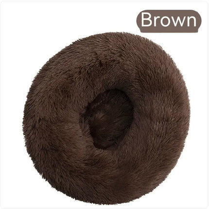 Brown plush round washable pet bed for dogs and cats by Nai Pet Store
