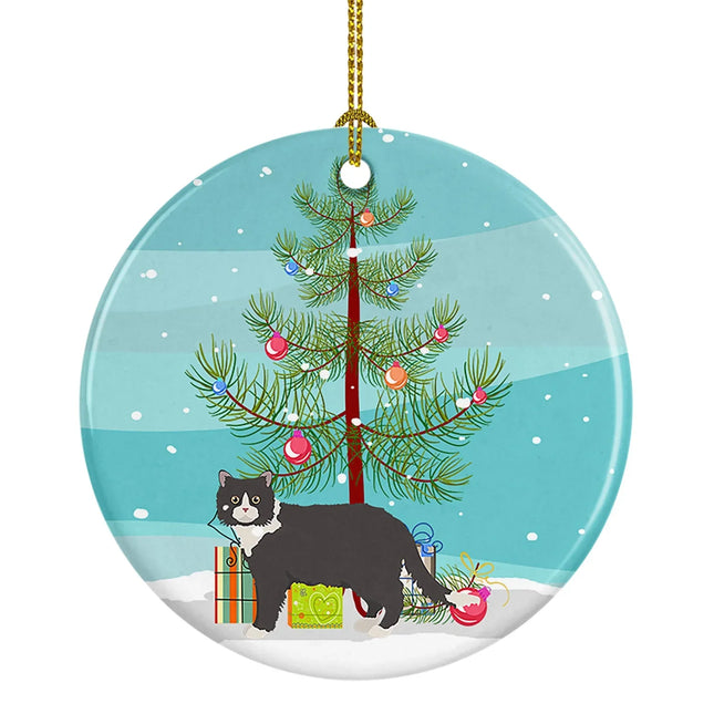 Black and white cat under Christmas tree with ornaments and gifts, festive holiday pet decoration