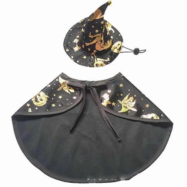Black Halloween wizard costume for pets featuring a pointed hat and cape with gold stars.