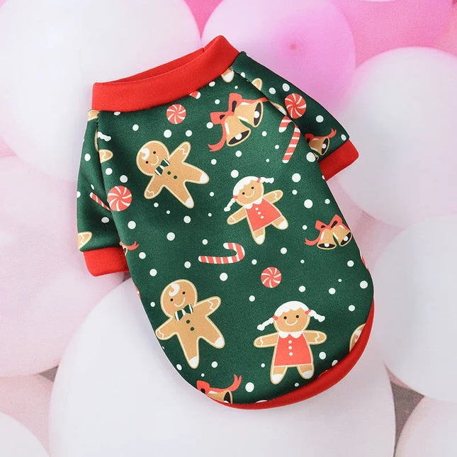 Festive green pet shirt with gingerbread men, candy canes, and bells for dogs or cats