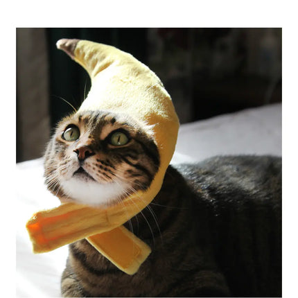 A brown tabby cat wearing a plush Banana Costume Hat for Pets by Nai Pet Store.