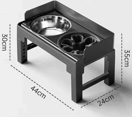Black elevated pet feeding bowl set with stainless steel bowl and dimensions.