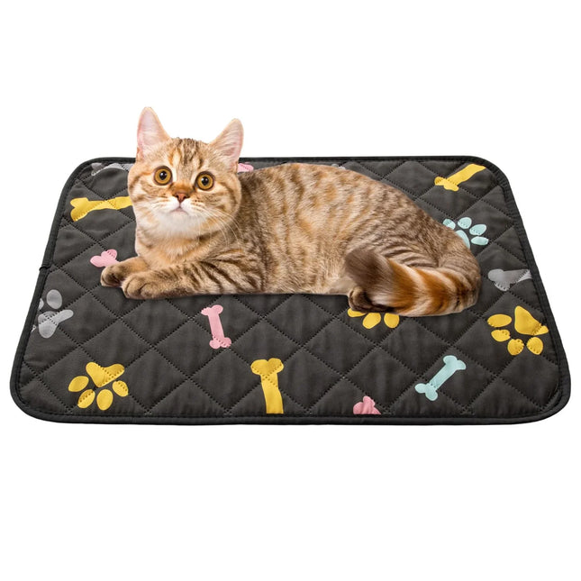 Cute tabby cat resting on a quilted pet mat with colorful paw prints and bones, perfect for cat comfort and pet care.