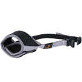 Black and gray mesh dog muzzle with adjustable strap and buckle for pet safety and comfort