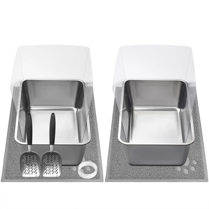 2 PCS Stainless Steel Cat Litter Box™ | XL Metal Litter Pan with Plastic Shields, Scoop & Mat for Cats (23.6" x 15.8")