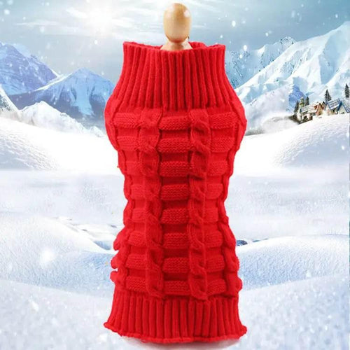 Red knitted pet sweater with cable knit design, perfect for winter warmth and cozy dog outfits