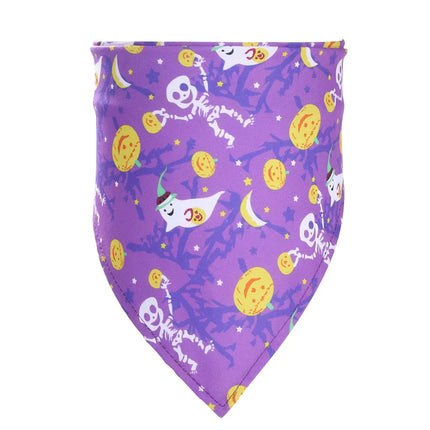 Purple Halloween pet bandana with pumpkin, skeleton, and ghost patterns for dogs and cats.