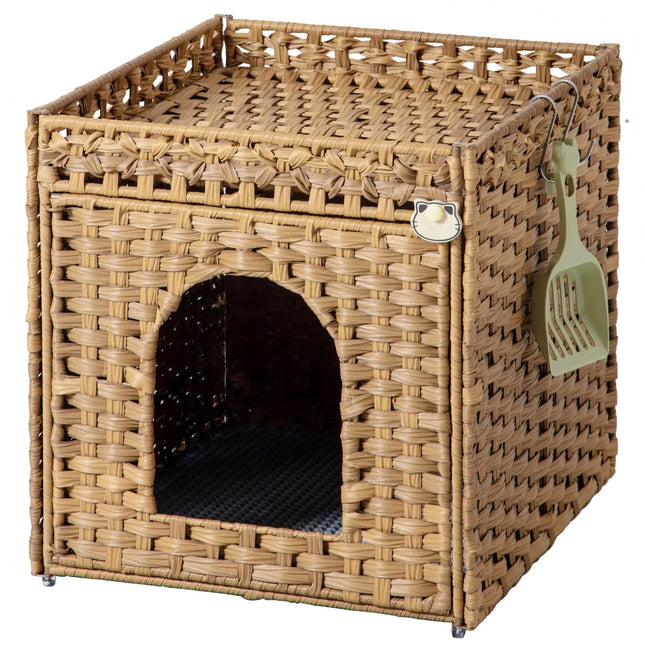 Woven wicker cat litter box enclosure with arched entrance, cat face decor, and attached green scoop