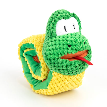 Green and yellow crocheted snake plush pet toy with a red tongue.