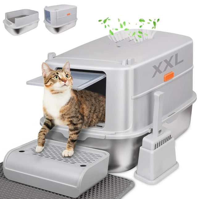 XXL covered cat litter box with step, scoop & mat, odor control for cats