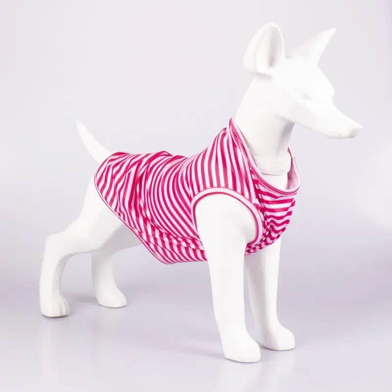 Pink and white striped dog shirt on mannequin, pet clothing for small dogs
