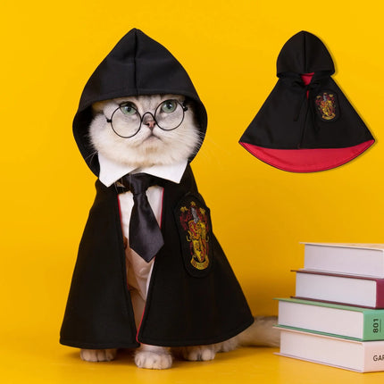 White cat wearing a black Magic Academy Cape with a tie and crest on a yellow background.