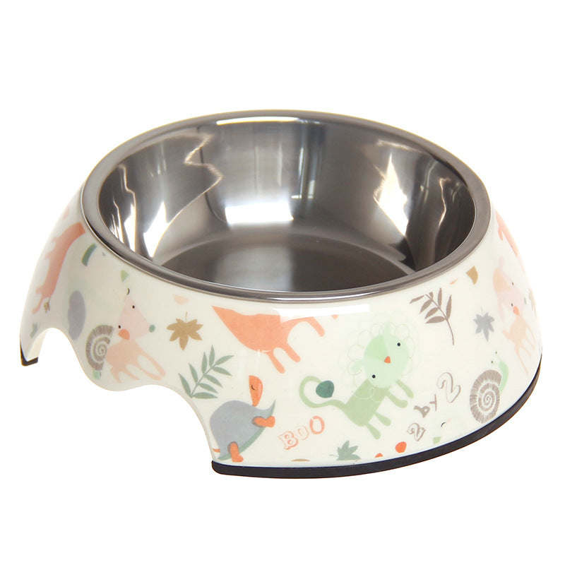 Cute animal-print pet bowl with stainless steel interior for dogs and cats