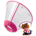 Pink soft pet recovery cone for dogs, clear protective Elizabethan collar with plush trim, ideal for post-surgery care