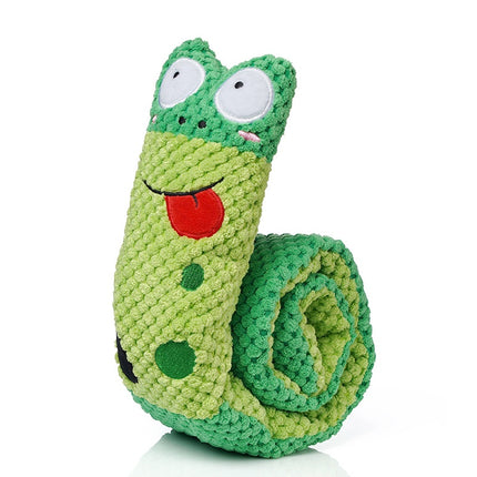 Green plush frog roll-up pet toy for dogs and cats with cute cartoon face.