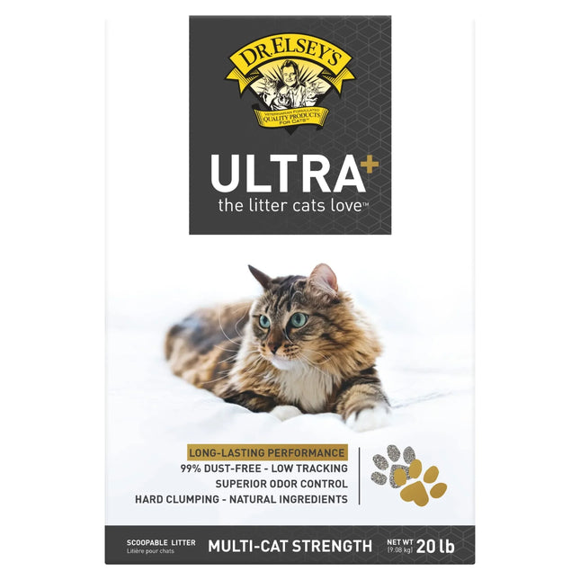 Dr. Elsey's Ultra+ cat litter bag with fluffy tabby cat, dust-free, odor control, multi-cat strength, 20 lb
