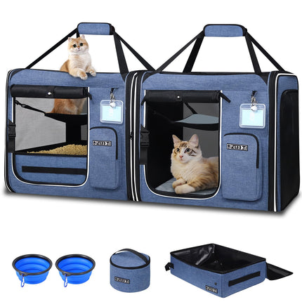 Petskd 2-in-1 Double Cat Car Carrier with Built-In Litter Box | Extra Large | 38"×17"×18"