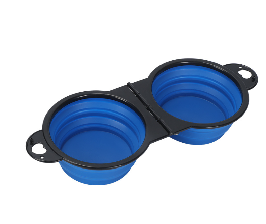 Blue collapsible dual pet bowl for travel, ideal for dogs and cats