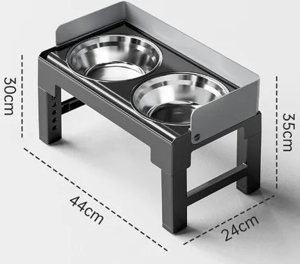 Elevated pet feeding bowl set with two stainless steel bowls on a black stand, 44cm wide.