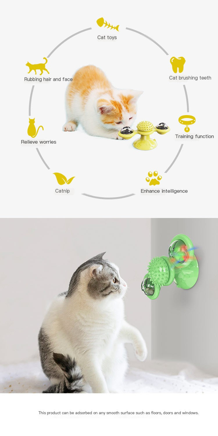 Interactive cat toy with suction cup for windows, floors, or doors — enhances intelligence, relieves stress, and encourages play with catnip and brushing features.