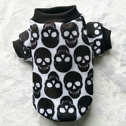 Halloween pet clothing featuring a black and white skull pattern.